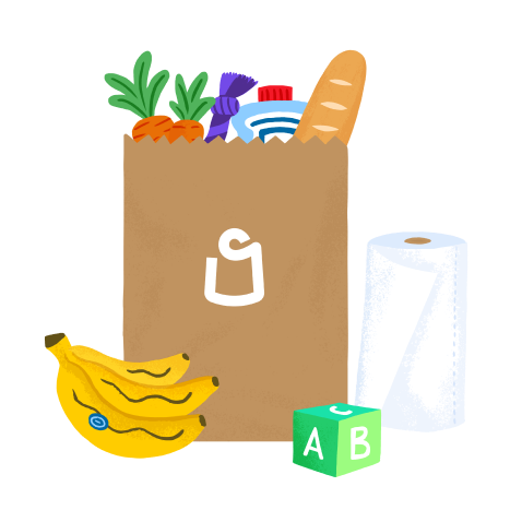 Illustration of shipt brown paper bag with grocery items in it