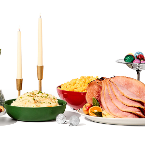 Ham, mashed potatoes, macaroni and cheese