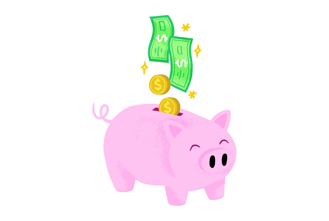 Illustration of piggy bank with money.