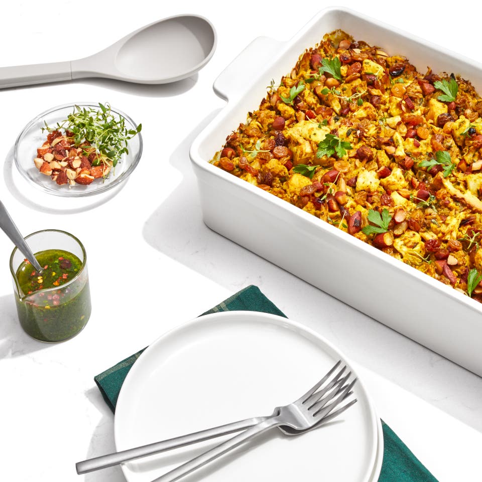 Curried Cauliflower Stuffing with Salsa Verde