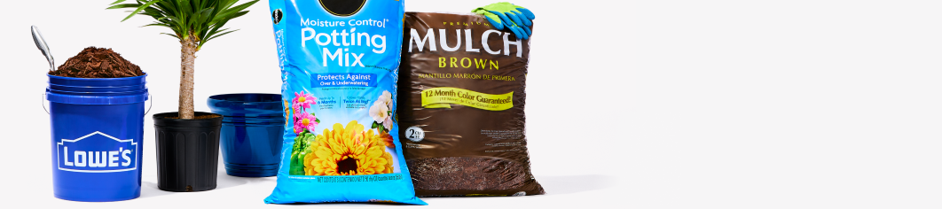 Plants in pots, Lowe's bucket with mulch, Miracle Grow Potting Mix and Brown Mulch