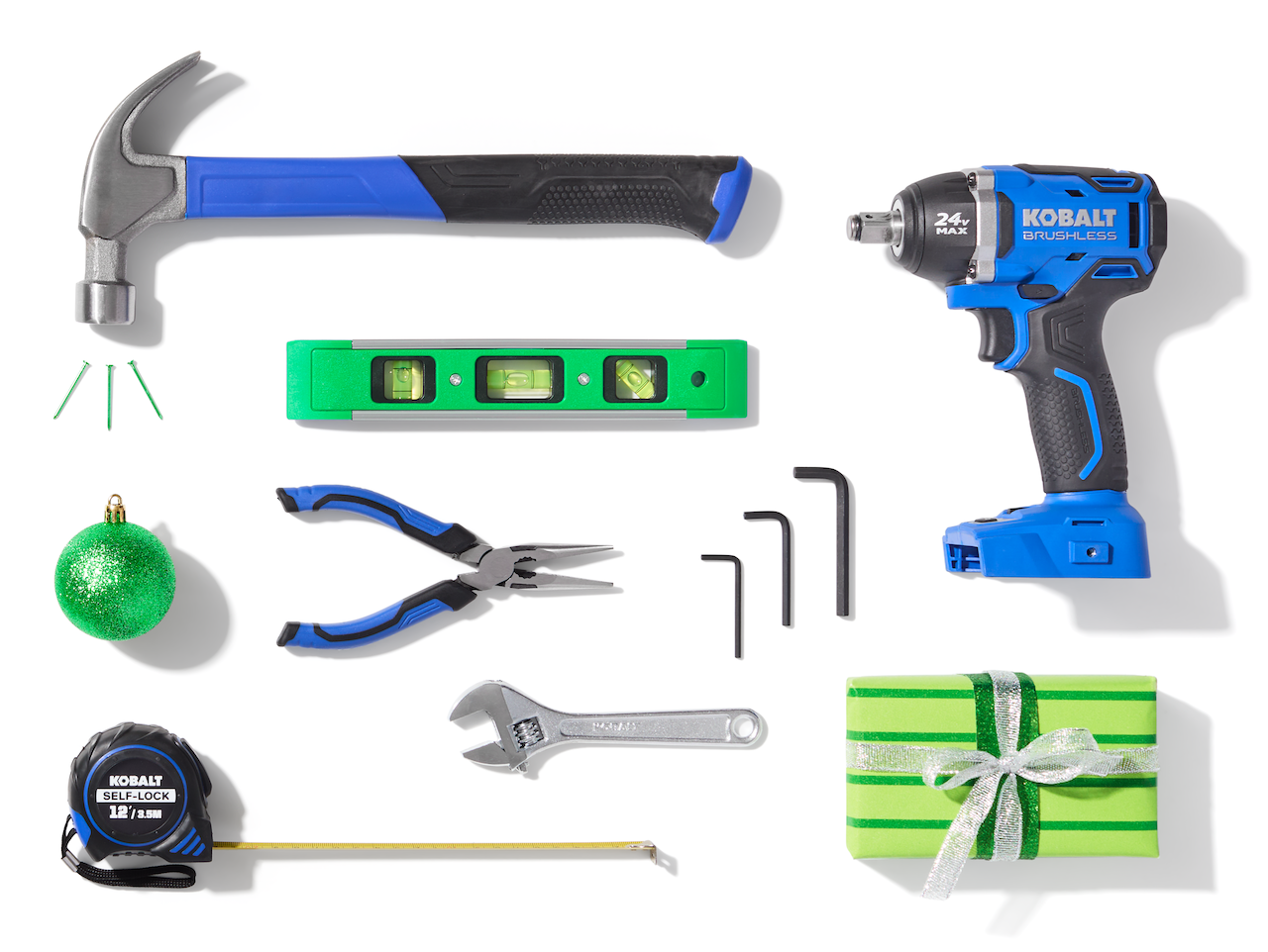 Various green-colored household supplies, like Dawn, Clorox wipes, and Method cleaner, on a white background