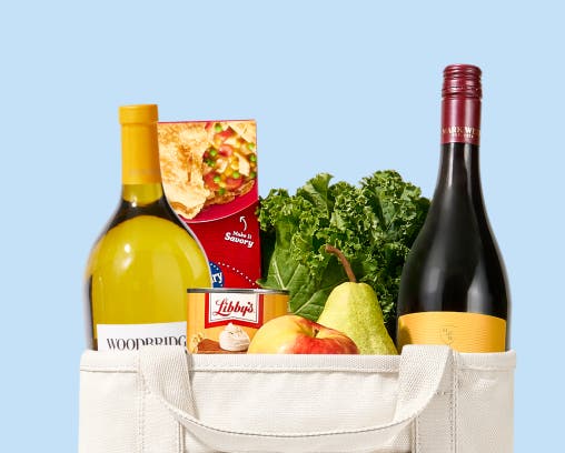 Illustration of groceries in a Shipt-branded bag