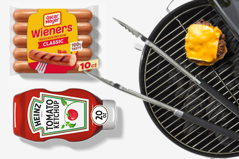 Hot dog, ketchup, grill, burger patty 