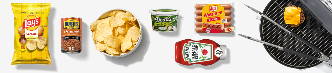 lays, baked beans, french onion dip, hot dogs, ketchup, burger patty