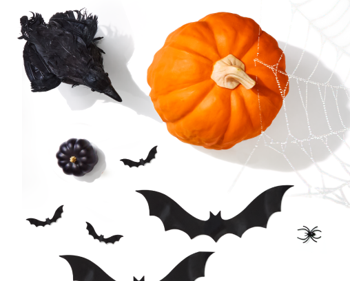 Outdoor Halloween decorations including a pumpkin and spiderweb