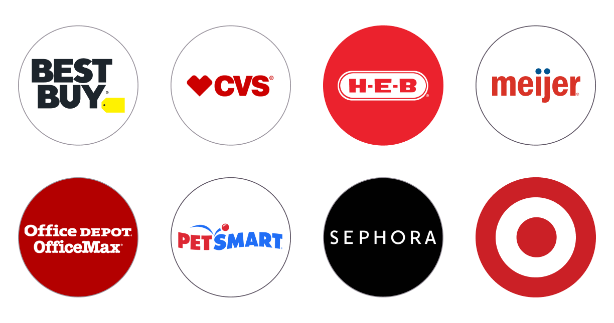 Partner'd with Best Buy, CVS, H-E-B, Meijer, Office Depot Office Max, Pet Smart, Sephora, Target