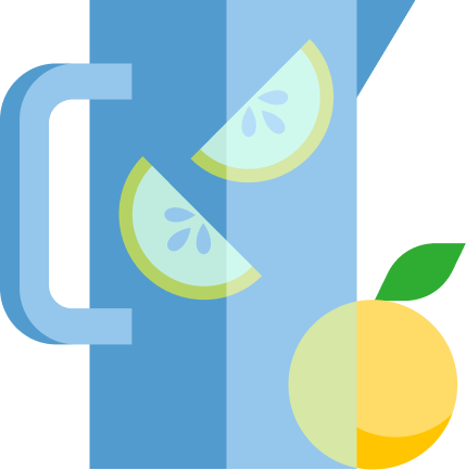 Illustration of a pitcher with lemon slices inside, and a full lemon.