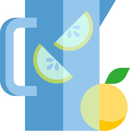 Illustration of a pitcher with lemon slices inside, and a full lemon.