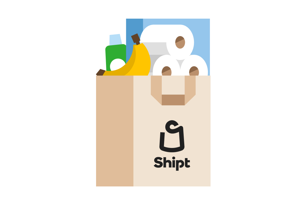 Illustration of grocery bag with banana and toilet paper roll