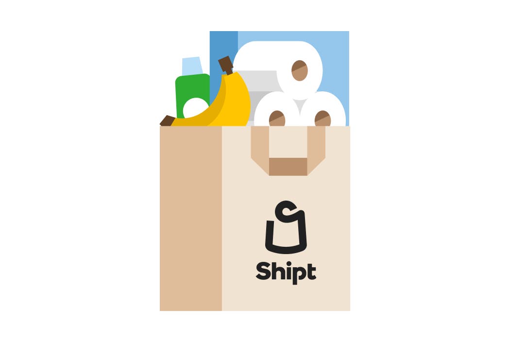 Illustration of grocery bag with banana and toilet paper roll