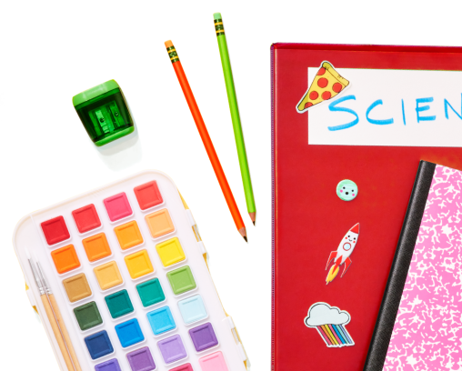 Pencils, a pencil sharpener, notebooks, and paints