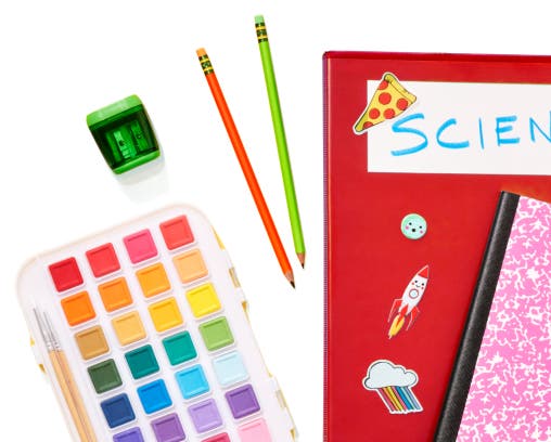 Pencils, a pencil sharpener, notebooks, and paints
