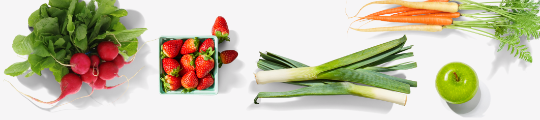 radishes, strawberries, leeks, carrots, apple