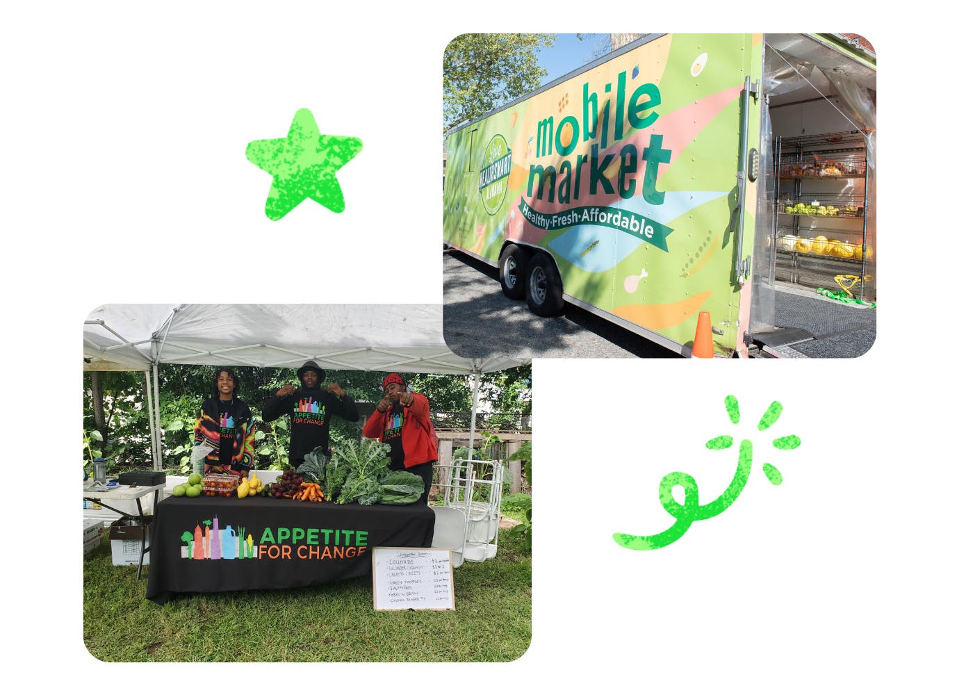 two pictures of team members hugging and posing in front of a thank you sign
