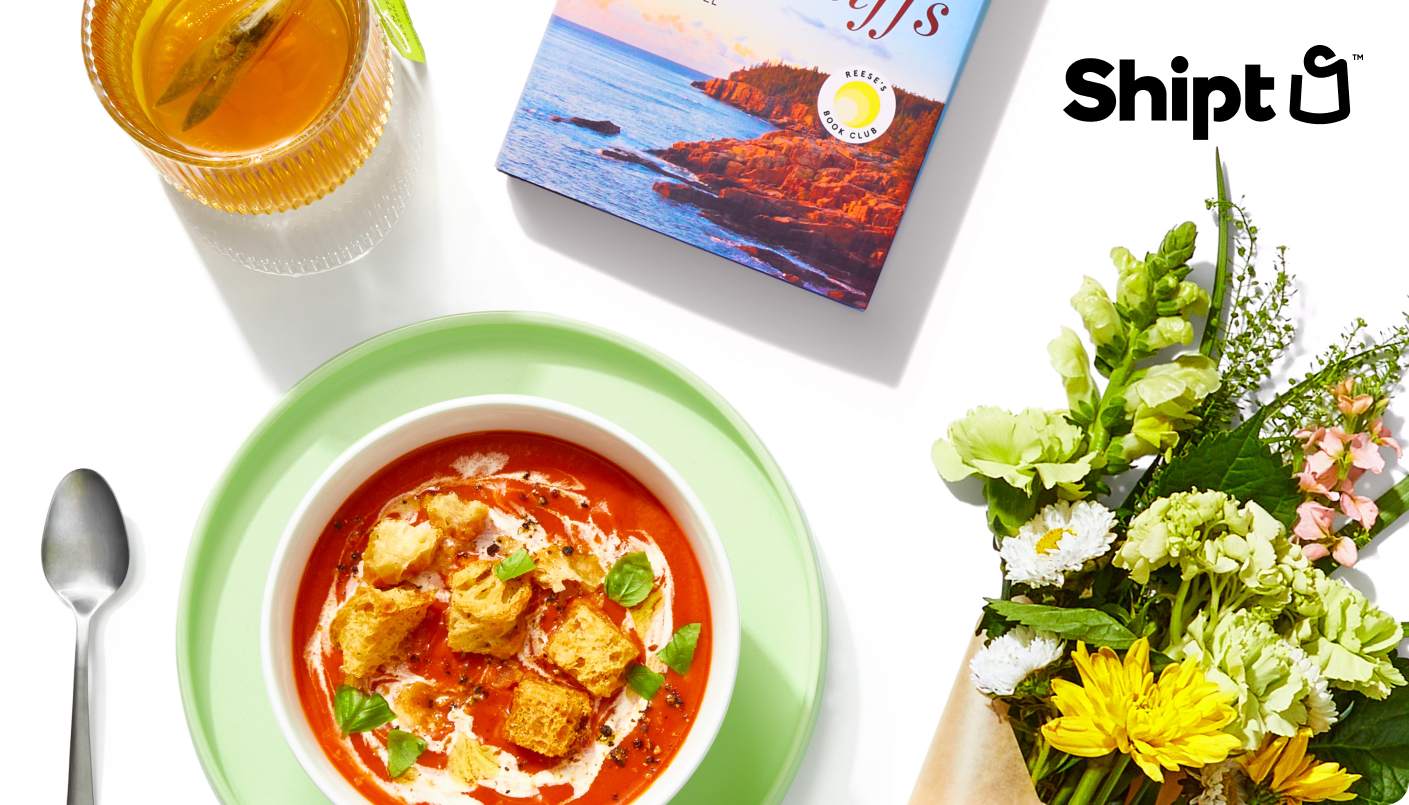 image of soup, tea, flowers and a book