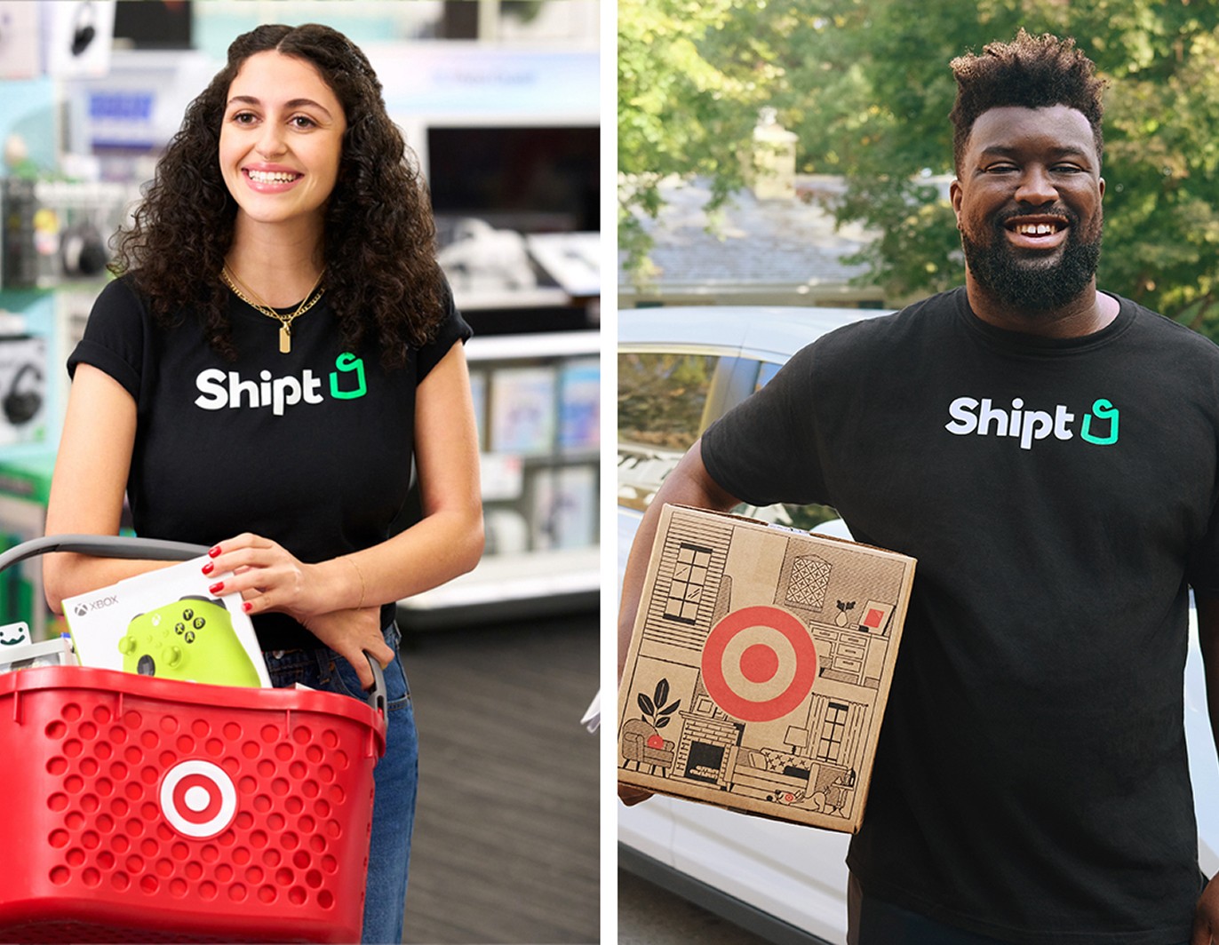 Split images of personal shopper and package delivery driver