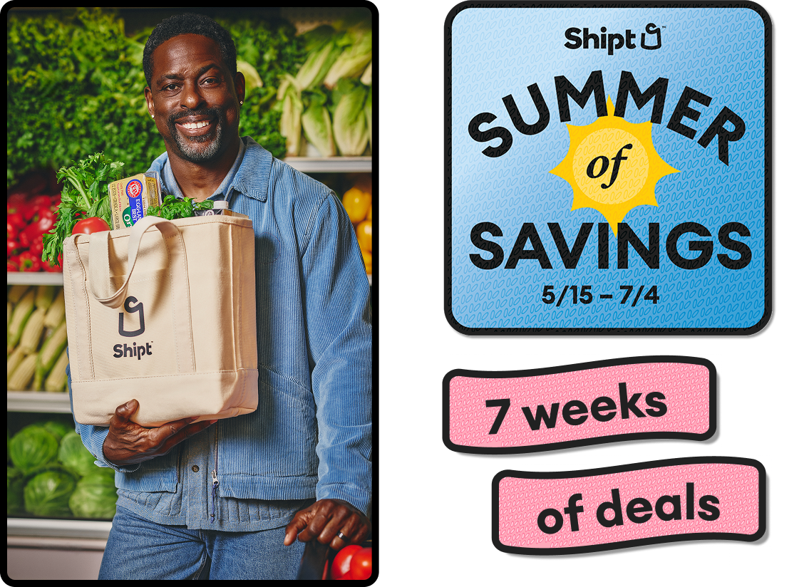 Sterling K Brown with Bag and Shipt Summer of Savings logo