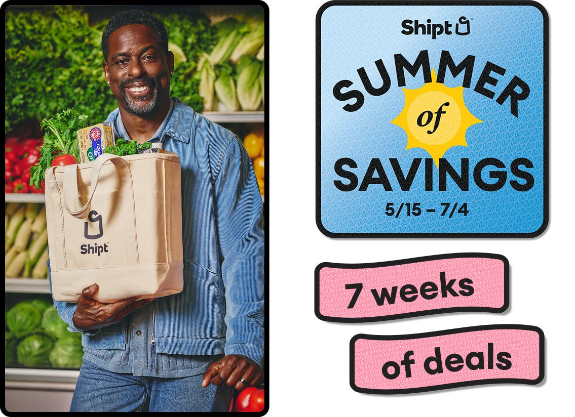 Sterling K Brown with Bag and Shipt Summer of Savings logo