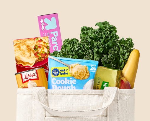 Illustration of groceries in a Shipt-branded bag