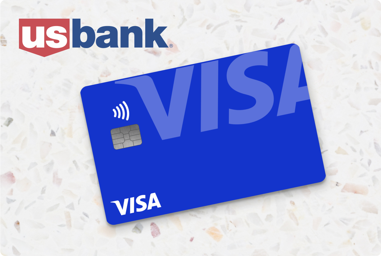 US Bank logo and blue Visa credit card