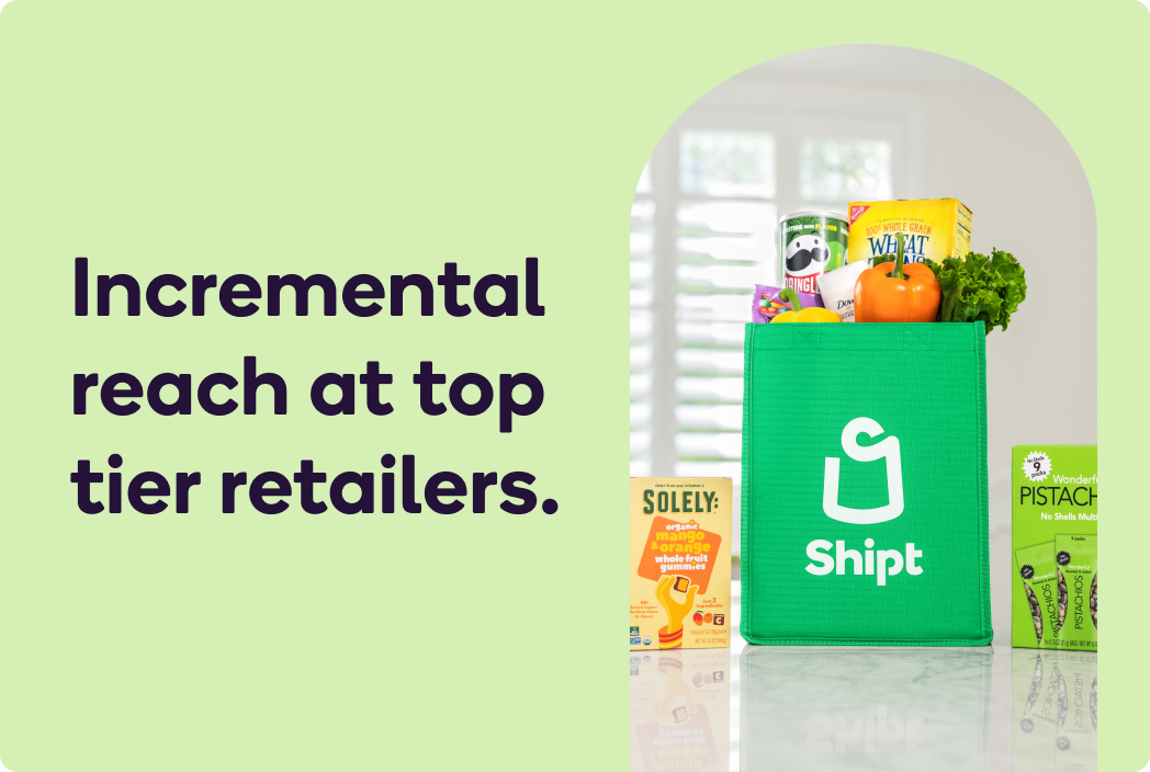 Image of a bag with grocery essentials with text overlay: Incremental reach at top tier retailers.