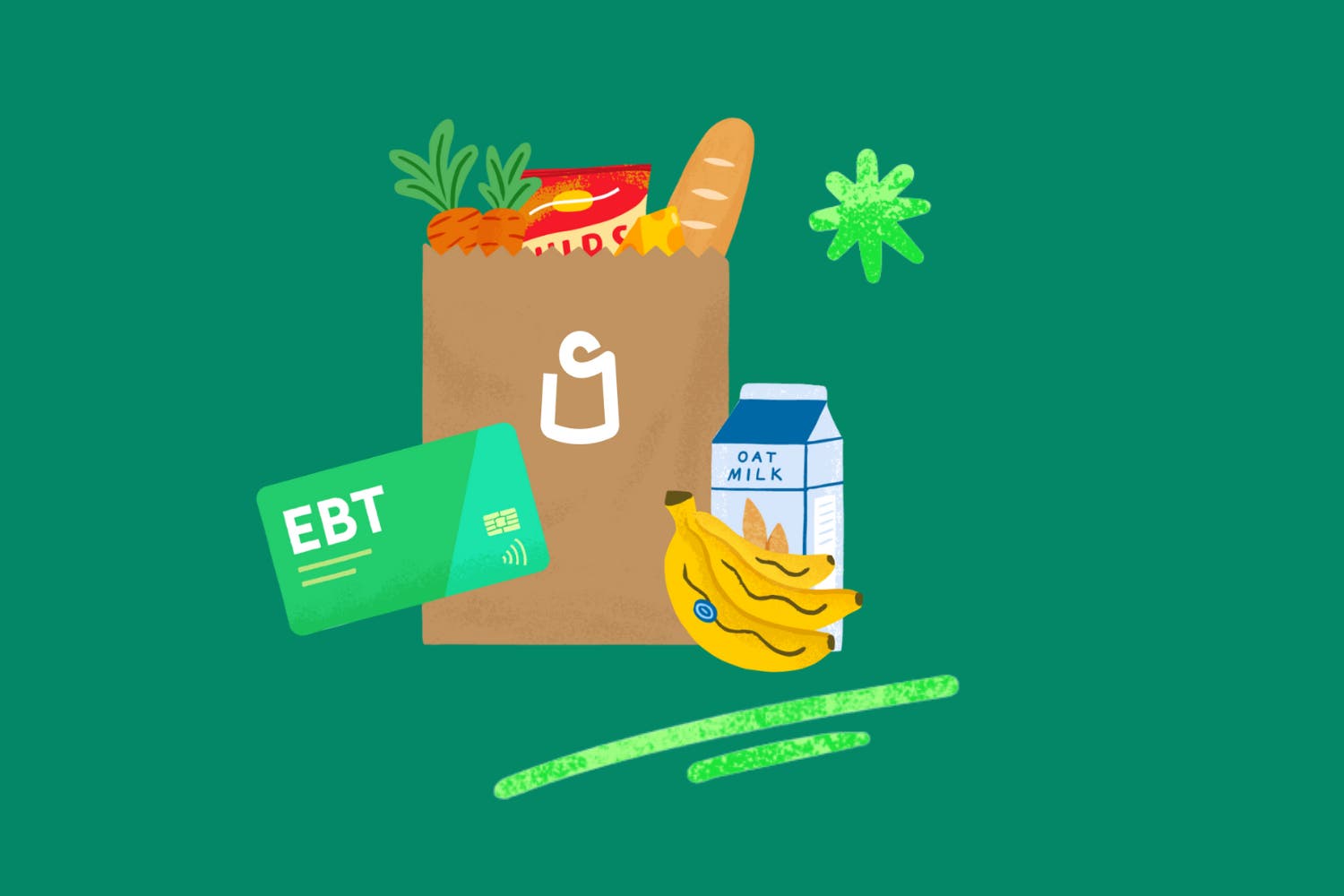 image of grocery back and credit card that reads EBT on green background