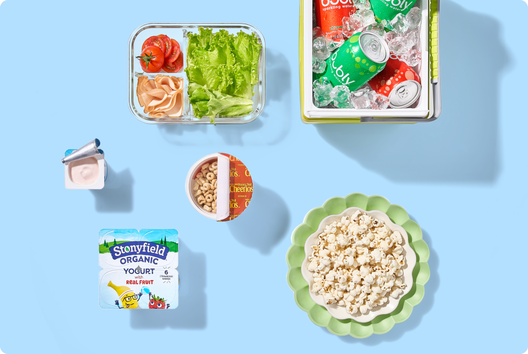 A selection of groceries on a white background