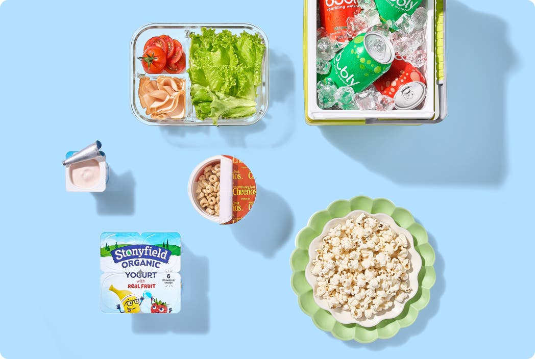 A selection of groceries on a white background