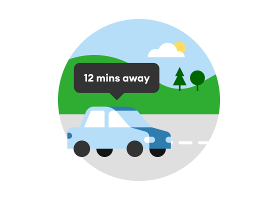 Illustration of blue car driving down the road.