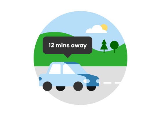 Illustration of blue car driving down the road.