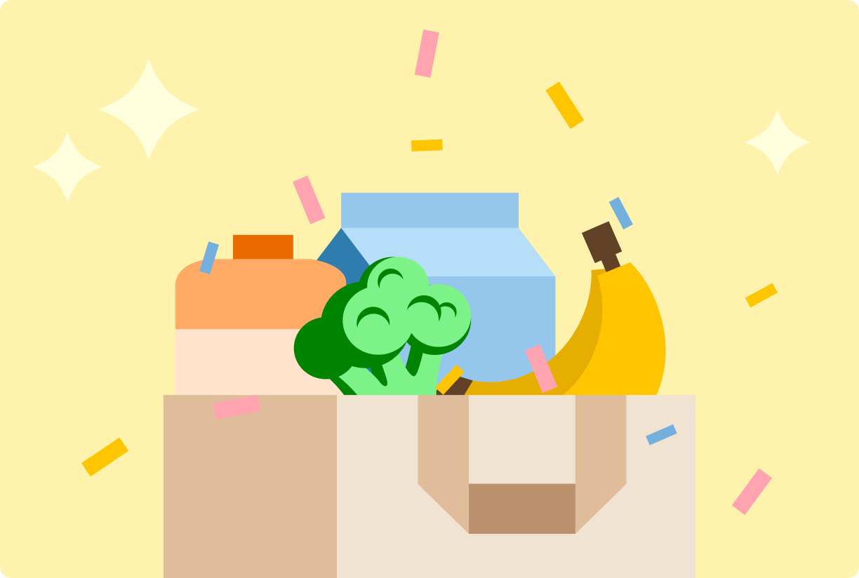 Shopping bag full of groceries on yellow background