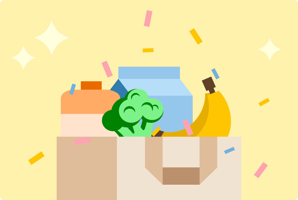 Shopping bag full of groceries on yellow background