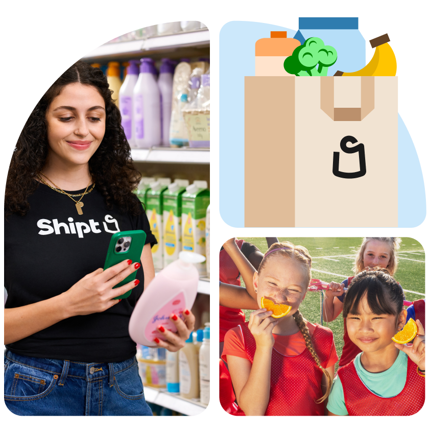 bento box style door arch with shopper, grocery bag, and soccer players