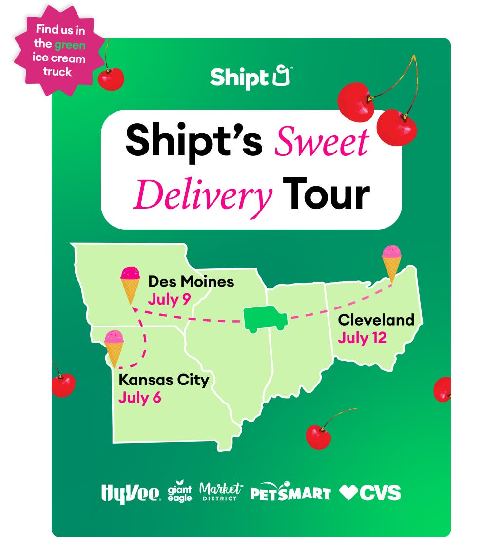 Shipt Sweet Delivery Tour Map with stops in Kansas City (7/6), Des Moines (7/9), and Cleveland (7/12).